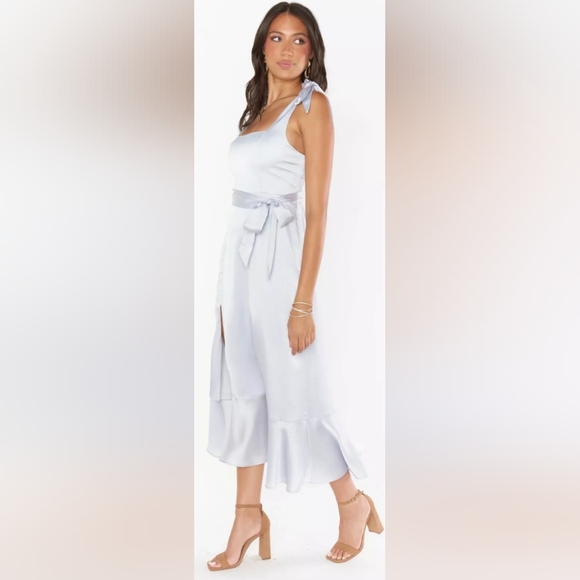 Show Me Your MuMu Claire Midi Dress Silver Luxe Satin Size Medium New With Tags - Picture 8 of 9